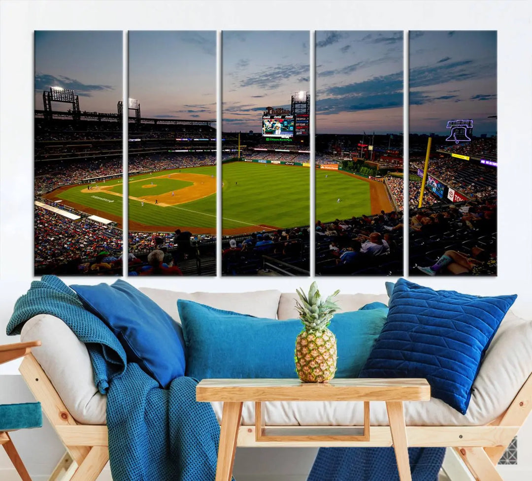 A gallery-quality wall art piece titled "Philadelphia Phillies Baseball Team Print - Citizens Bank Park Stadium Wall Art Canvas Print," showcasing a baseball stadium at sunset, is displayed above the dining area.