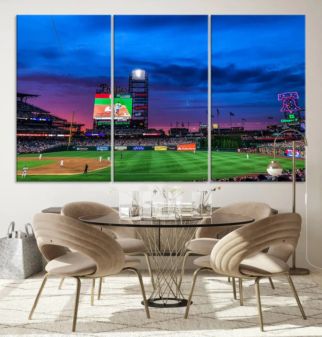 The living room showcases a large triptych of the Philadelphia Phillies Baseball Team Print - Philadelphia Citizens Bank Park Stadium on the wall, featuring premium canvas handmade wall art that adds an elegant touch.