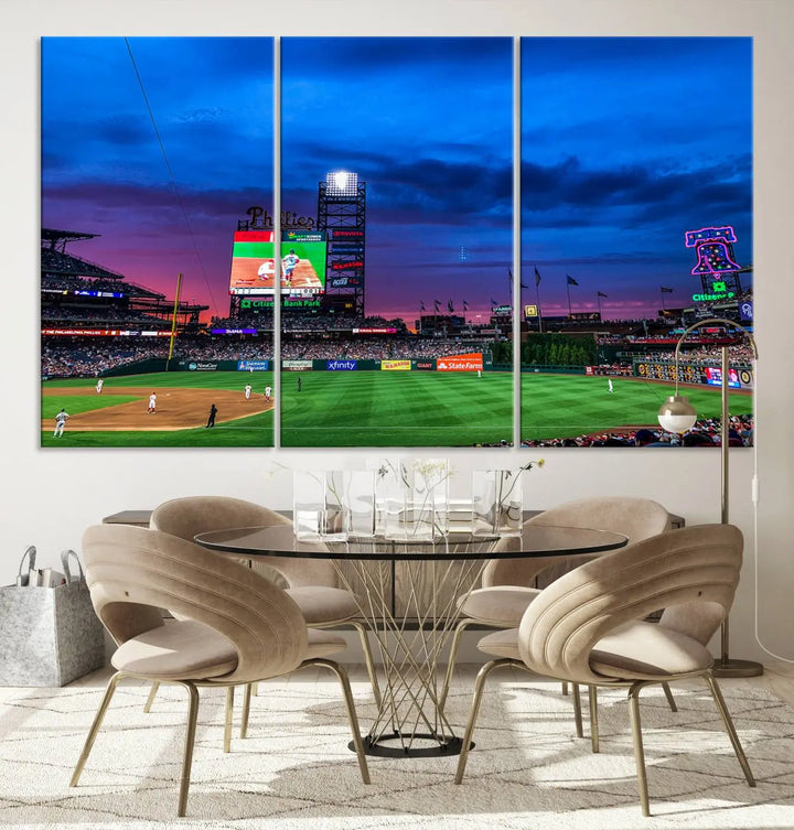 The living room showcases a large triptych of the Philadelphia Phillies Baseball Team Print - Philadelphia Citizens Bank Park Stadium on the wall, featuring premium canvas handmade wall art that adds an elegant touch.