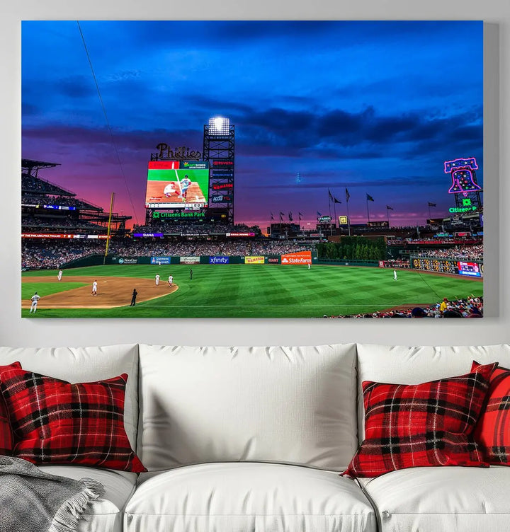 The living room showcases a large triptych of the Philadelphia Phillies Baseball Team Print - Philadelphia Citizens Bank Park Stadium on the wall, featuring premium canvas handmade wall art that adds an elegant touch.