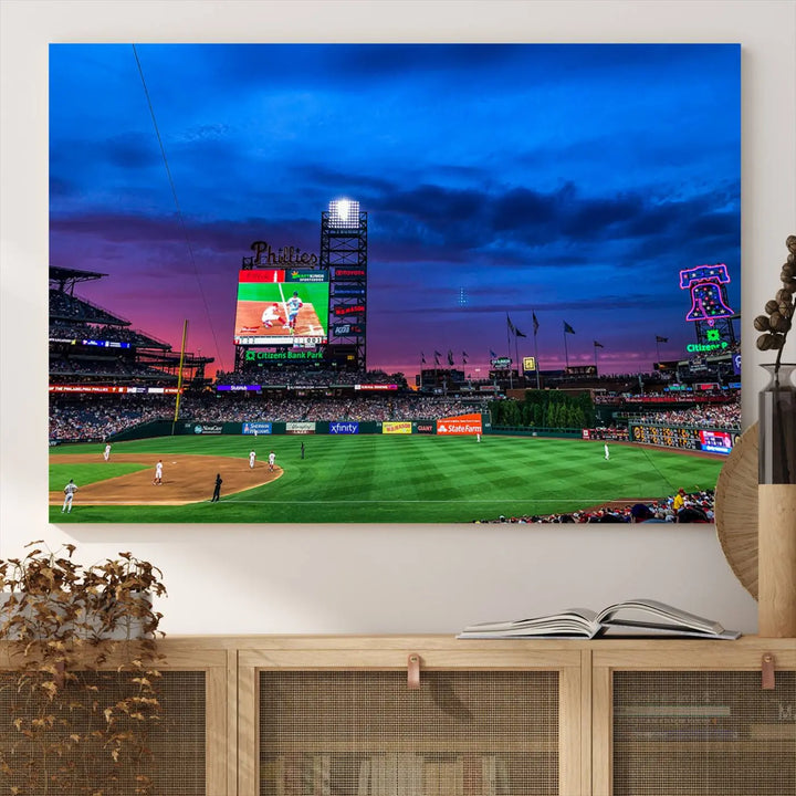 The living room showcases a large triptych of the Philadelphia Phillies Baseball Team Print - Philadelphia Citizens Bank Park Stadium on the wall, featuring premium canvas handmade wall art that adds an elegant touch.