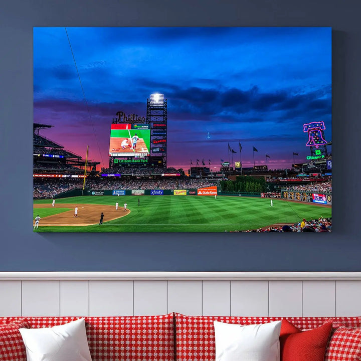 The living room showcases a large triptych of the Philadelphia Phillies Baseball Team Print - Philadelphia Citizens Bank Park Stadium on the wall, featuring premium canvas handmade wall art that adds an elegant touch.