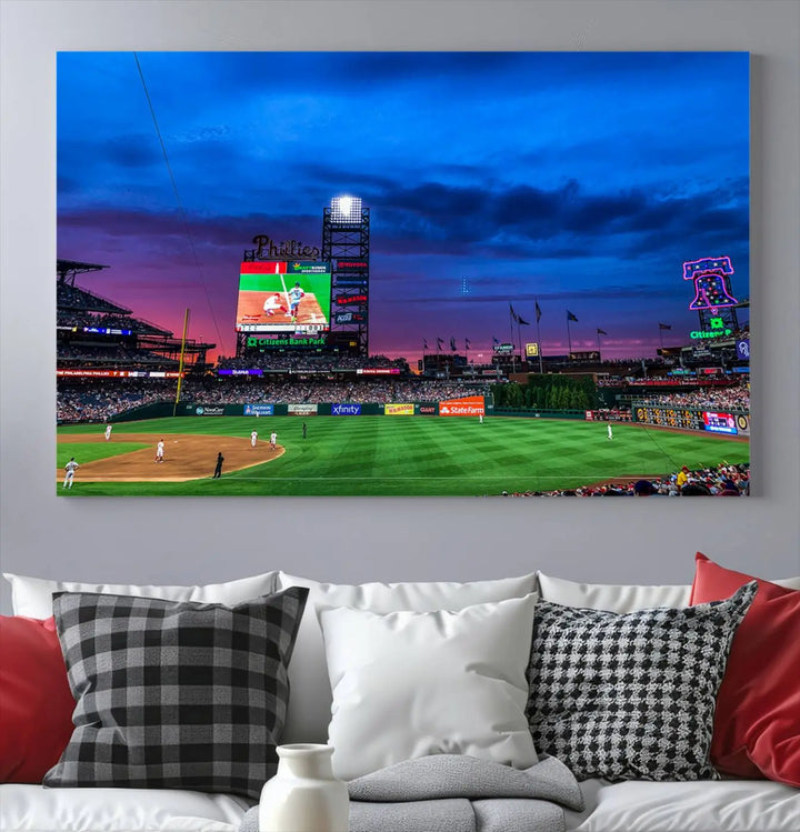 The living room showcases a large triptych of the Philadelphia Phillies Baseball Team Print - Philadelphia Citizens Bank Park Stadium on the wall, featuring premium canvas handmade wall art that adds an elegant touch.