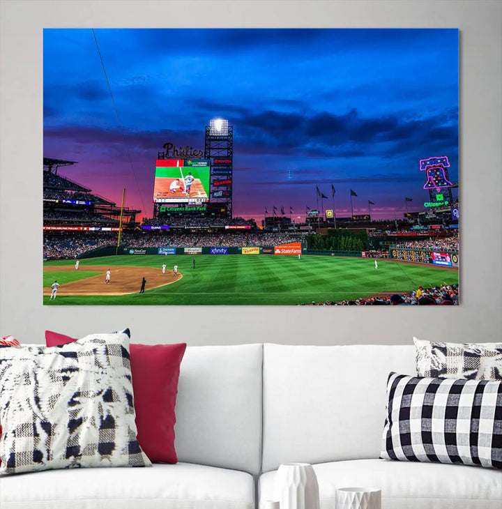 The living room showcases a large triptych of the Philadelphia Phillies Baseball Team Print - Philadelphia Citizens Bank Park Stadium on the wall, featuring premium canvas handmade wall art that adds an elegant touch.