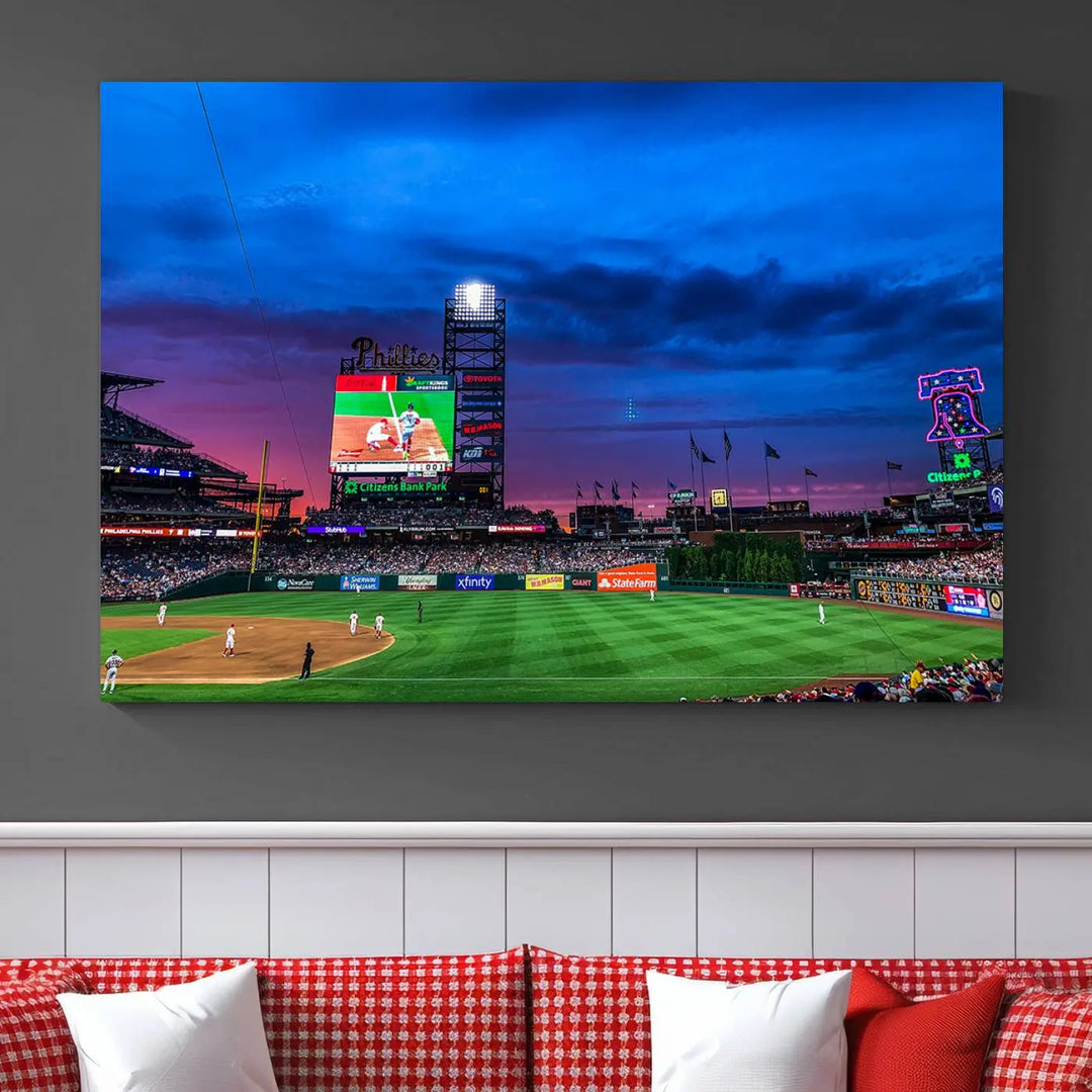 The living room showcases a large triptych of the Philadelphia Phillies Baseball Team Print - Philadelphia Citizens Bank Park Stadium on the wall, featuring premium canvas handmade wall art that adds an elegant touch.