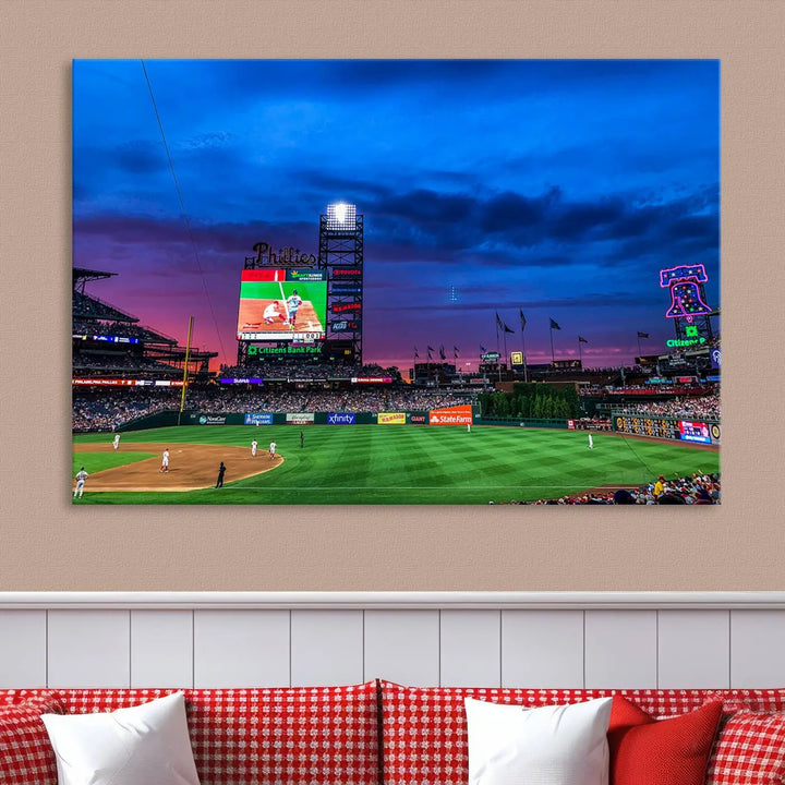 The living room showcases a large triptych of the Philadelphia Phillies Baseball Team Print - Philadelphia Citizens Bank Park Stadium on the wall, featuring premium canvas handmade wall art that adds an elegant touch.