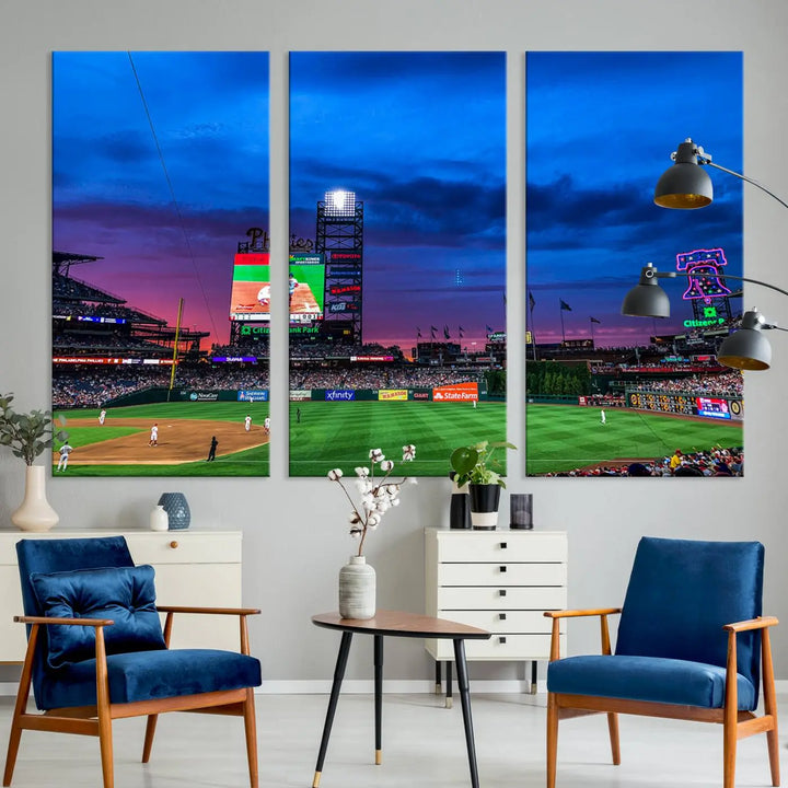 The living room showcases a large triptych of the Philadelphia Phillies Baseball Team Print - Philadelphia Citizens Bank Park Stadium on the wall, featuring premium canvas handmade wall art that adds an elegant touch.