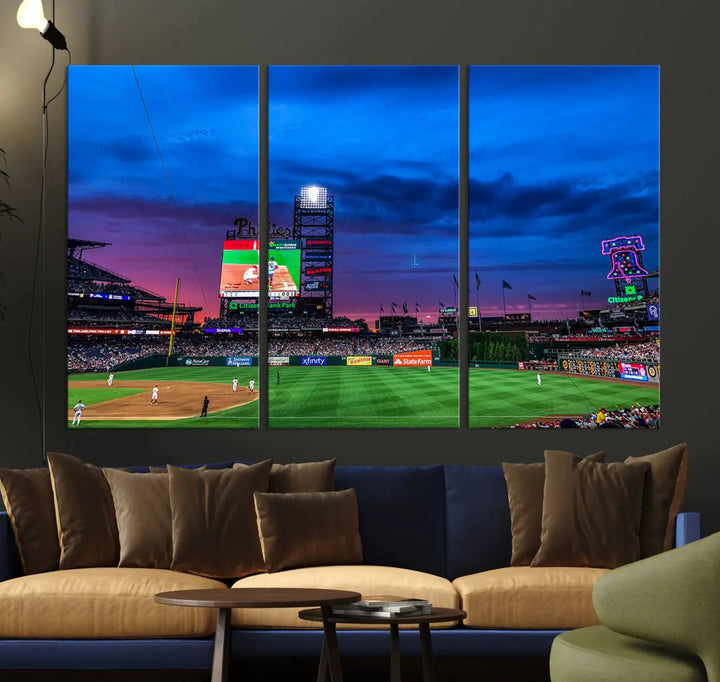 The living room showcases a large triptych of the Philadelphia Phillies Baseball Team Print - Philadelphia Citizens Bank Park Stadium on the wall, featuring premium canvas handmade wall art that adds an elegant touch.