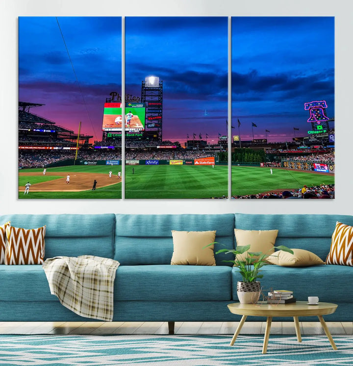 The living room showcases a large triptych of the Philadelphia Phillies Baseball Team Print - Philadelphia Citizens Bank Park Stadium on the wall, featuring premium canvas handmade wall art that adds an elegant touch.