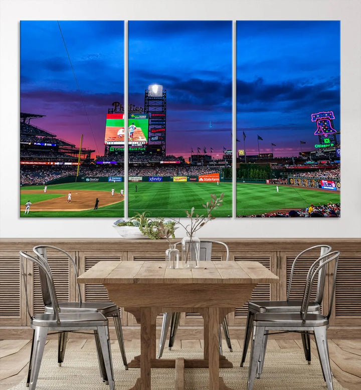 The living room showcases a large triptych of the Philadelphia Phillies Baseball Team Print - Philadelphia Citizens Bank Park Stadium on the wall, featuring premium canvas handmade wall art that adds an elegant touch.