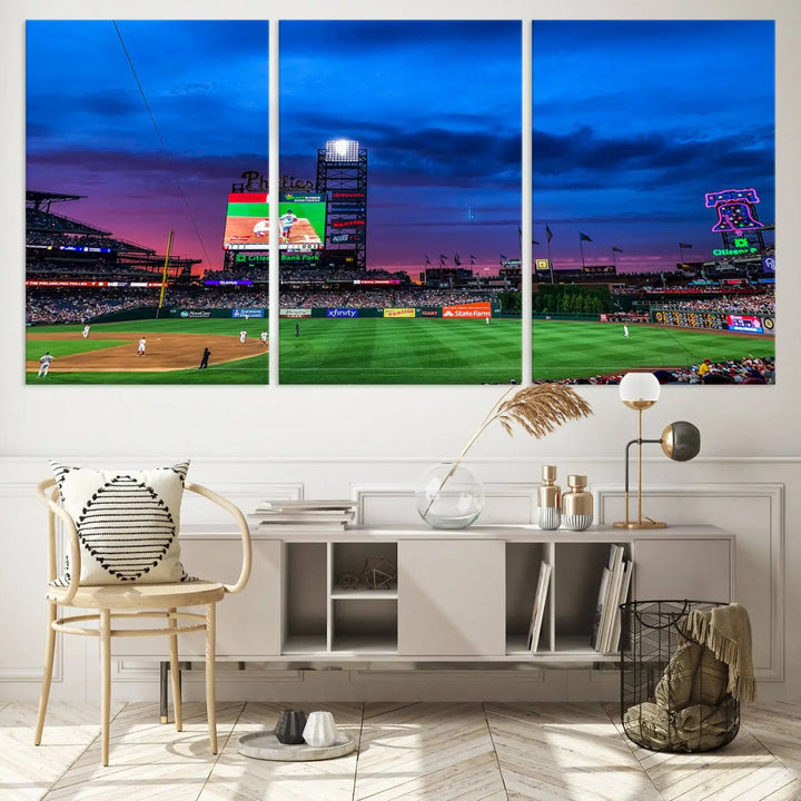 The living room showcases a large triptych of the Philadelphia Phillies Baseball Team Print - Philadelphia Citizens Bank Park Stadium on the wall, featuring premium canvas handmade wall art that adds an elegant touch.