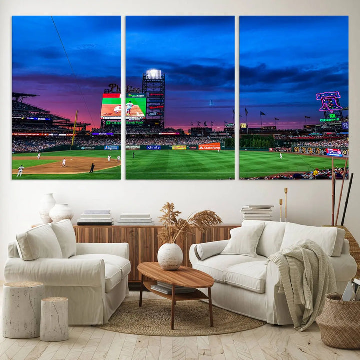 The living room showcases a large triptych of the Philadelphia Phillies Baseball Team Print - Philadelphia Citizens Bank Park Stadium on the wall, featuring premium canvas handmade wall art that adds an elegant touch.