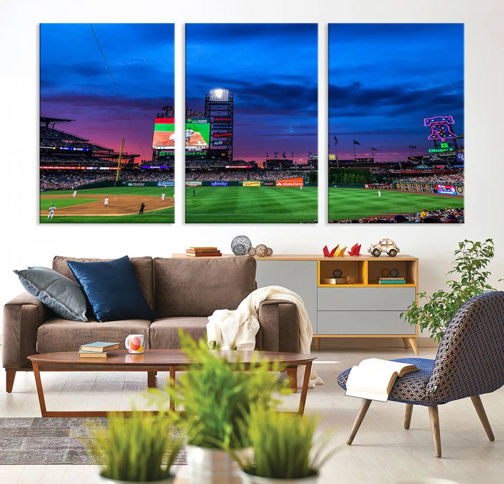 The living room showcases a large triptych of the Philadelphia Phillies Baseball Team Print - Philadelphia Citizens Bank Park Stadium on the wall, featuring premium canvas handmade wall art that adds an elegant touch.