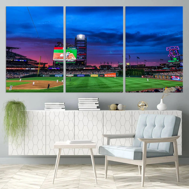 The living room showcases a large triptych of the Philadelphia Phillies Baseball Team Print - Philadelphia Citizens Bank Park Stadium on the wall, featuring premium canvas handmade wall art that adds an elegant touch.