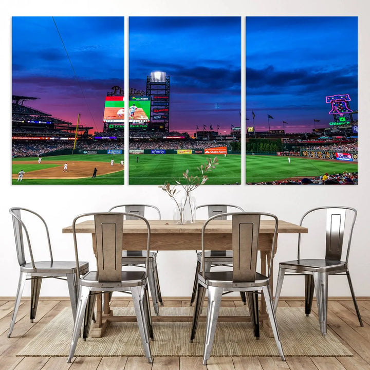 The living room showcases a large triptych of the Philadelphia Phillies Baseball Team Print - Philadelphia Citizens Bank Park Stadium on the wall, featuring premium canvas handmade wall art that adds an elegant touch.