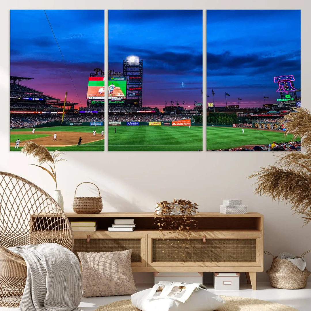 The living room showcases a large triptych of the Philadelphia Phillies Baseball Team Print - Philadelphia Citizens Bank Park Stadium on the wall, featuring premium canvas handmade wall art that adds an elegant touch.