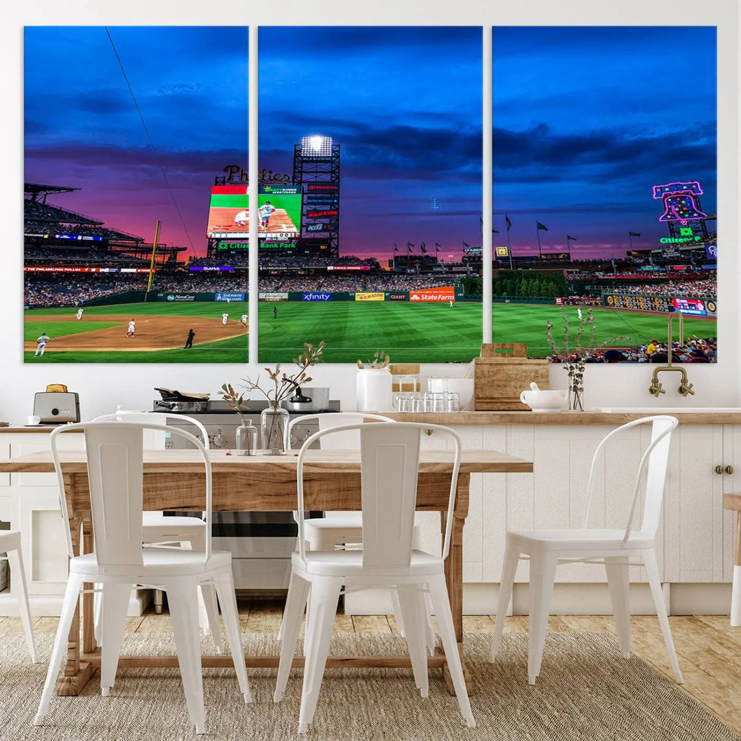 The living room showcases a large triptych of the Philadelphia Phillies Baseball Team Print - Philadelphia Citizens Bank Park Stadium on the wall, featuring premium canvas handmade wall art that adds an elegant touch.