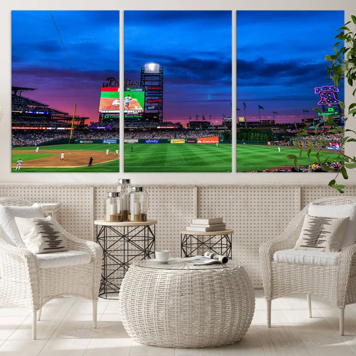 The living room showcases a large triptych of the Philadelphia Phillies Baseball Team Print - Philadelphia Citizens Bank Park Stadium on the wall, featuring premium canvas handmade wall art that adds an elegant touch.