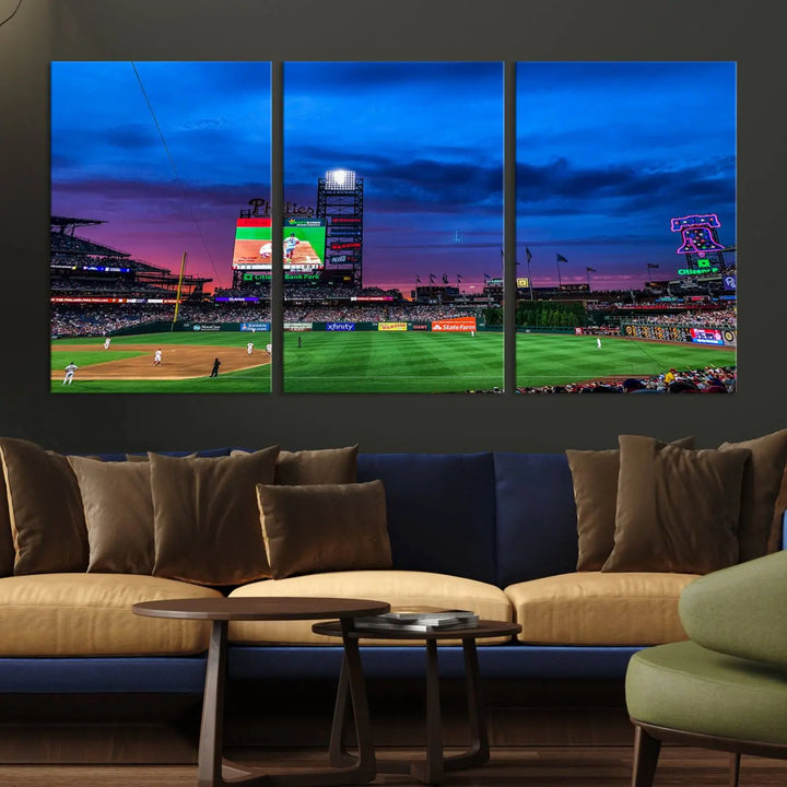 The living room showcases a large triptych of the Philadelphia Phillies Baseball Team Print - Philadelphia Citizens Bank Park Stadium on the wall, featuring premium canvas handmade wall art that adds an elegant touch.