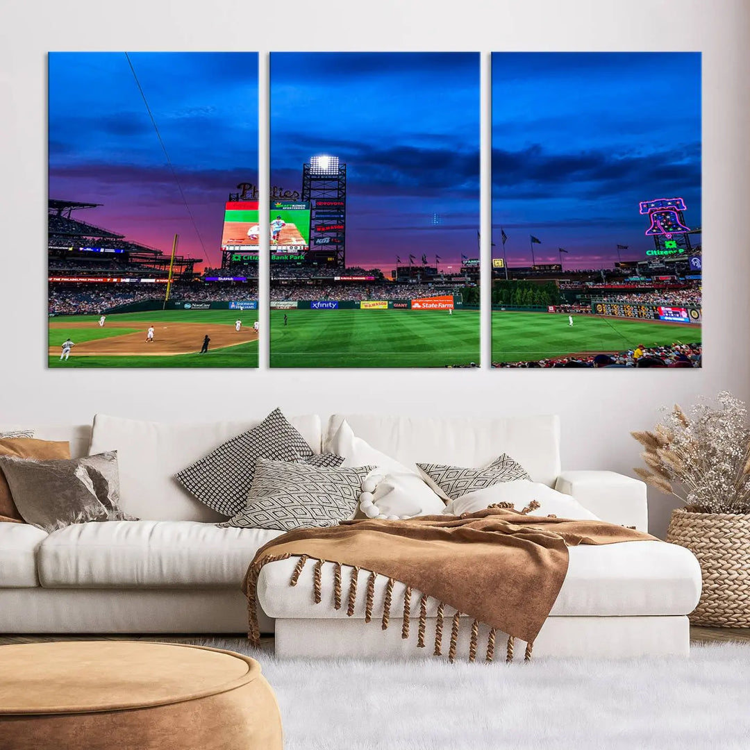 The living room showcases a large triptych of the Philadelphia Phillies Baseball Team Print - Philadelphia Citizens Bank Park Stadium on the wall, featuring premium canvas handmade wall art that adds an elegant touch.