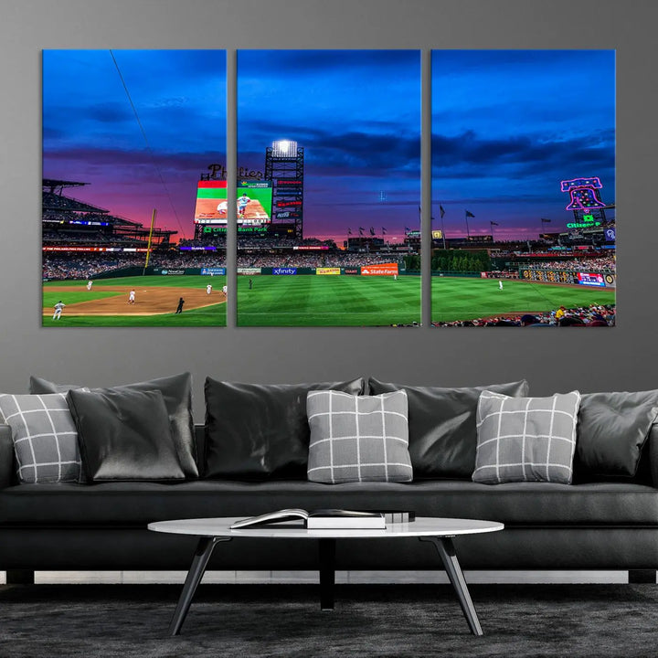 The living room showcases a large triptych of the Philadelphia Phillies Baseball Team Print - Philadelphia Citizens Bank Park Stadium on the wall, featuring premium canvas handmade wall art that adds an elegant touch.