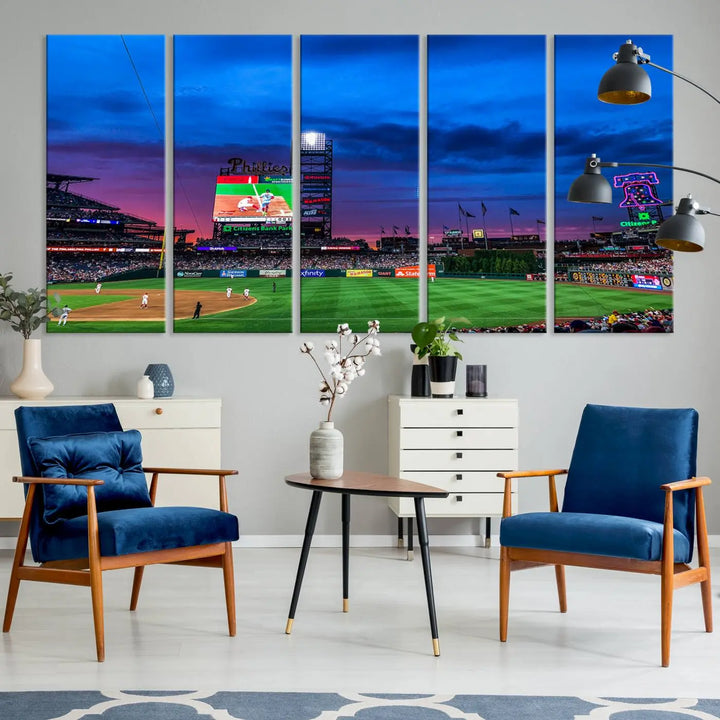 The living room showcases a large triptych of the Philadelphia Phillies Baseball Team Print - Philadelphia Citizens Bank Park Stadium on the wall, featuring premium canvas handmade wall art that adds an elegant touch.