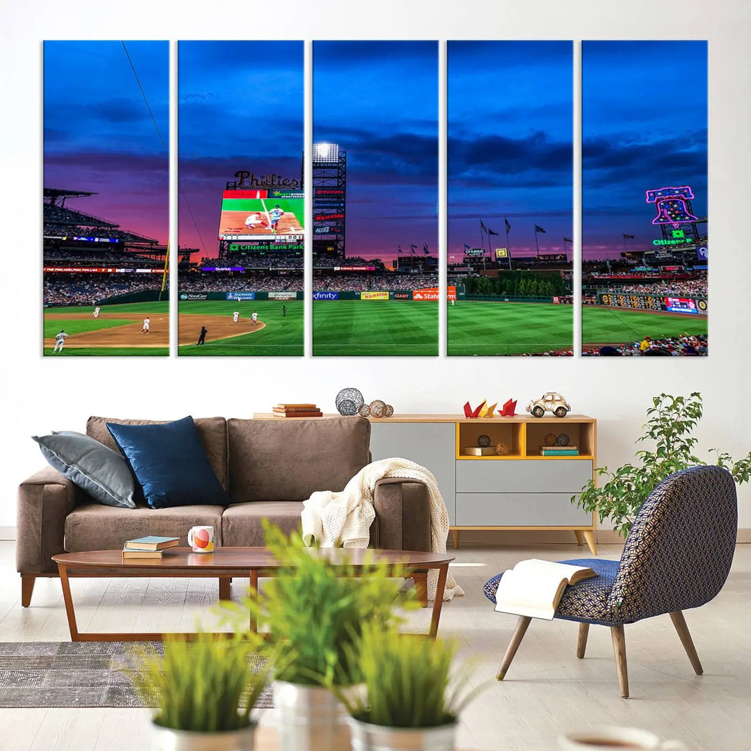 The living room showcases a large triptych of the Philadelphia Phillies Baseball Team Print - Philadelphia Citizens Bank Park Stadium on the wall, featuring premium canvas handmade wall art that adds an elegant touch.