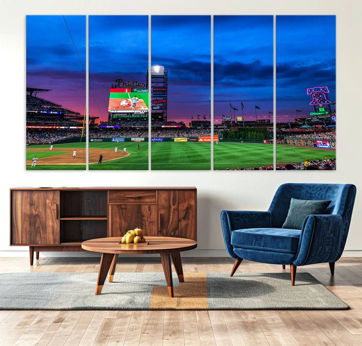 The living room showcases a large triptych of the Philadelphia Phillies Baseball Team Print - Philadelphia Citizens Bank Park Stadium on the wall, featuring premium canvas handmade wall art that adds an elegant touch.