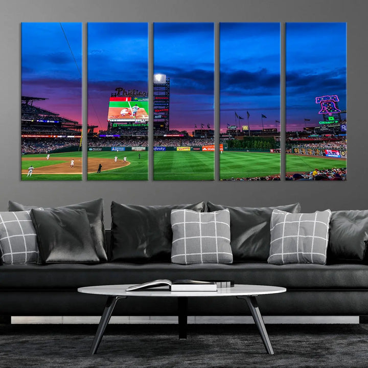 The living room showcases a large triptych of the Philadelphia Phillies Baseball Team Print - Philadelphia Citizens Bank Park Stadium on the wall, featuring premium canvas handmade wall art that adds an elegant touch.