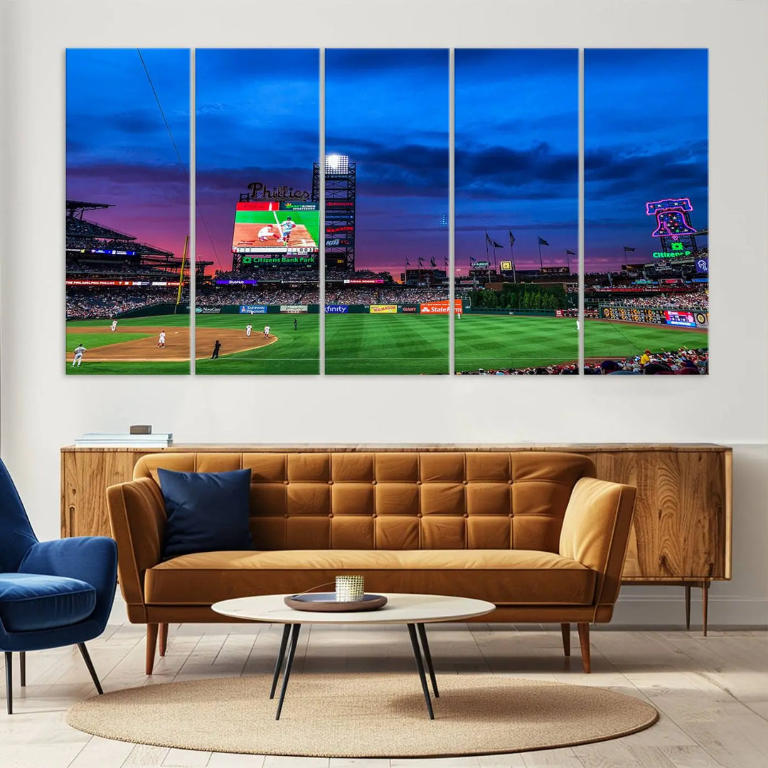 The living room showcases a large triptych of the Philadelphia Phillies Baseball Team Print - Philadelphia Citizens Bank Park Stadium on the wall, featuring premium canvas handmade wall art that adds an elegant touch.