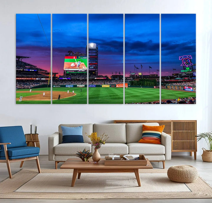 The living room showcases a large triptych of the Philadelphia Phillies Baseball Team Print - Philadelphia Citizens Bank Park Stadium on the wall, featuring premium canvas handmade wall art that adds an elegant touch.