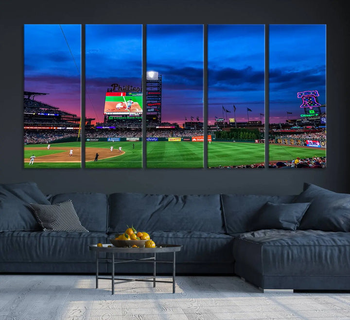 The living room showcases a large triptych of the Philadelphia Phillies Baseball Team Print - Philadelphia Citizens Bank Park Stadium on the wall, featuring premium canvas handmade wall art that adds an elegant touch.