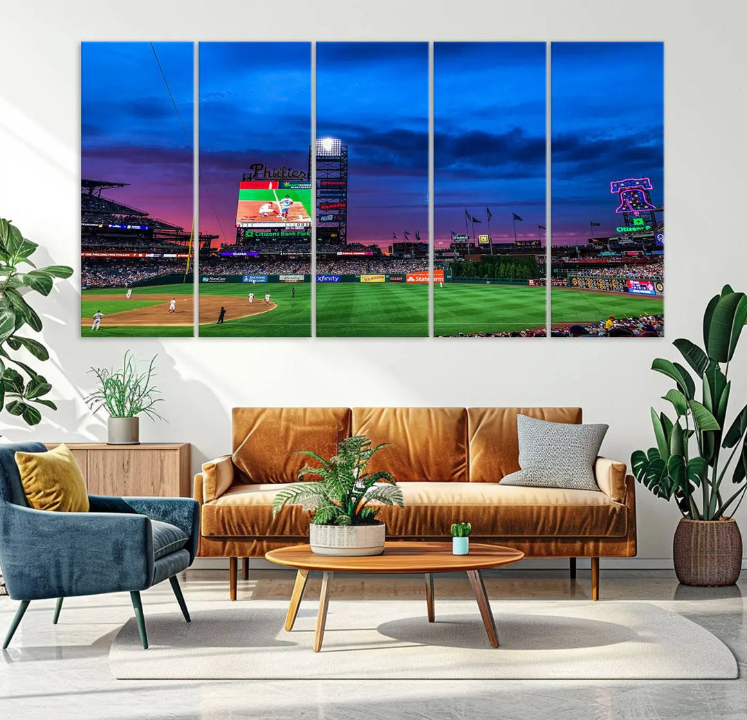 The living room showcases a large triptych of the Philadelphia Phillies Baseball Team Print - Philadelphia Citizens Bank Park Stadium on the wall, featuring premium canvas handmade wall art that adds an elegant touch.