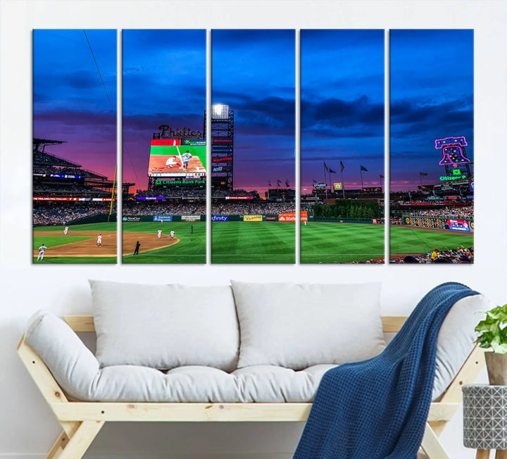 The living room showcases a large triptych of the Philadelphia Phillies Baseball Team Print - Philadelphia Citizens Bank Park Stadium on the wall, featuring premium canvas handmade wall art that adds an elegant touch.