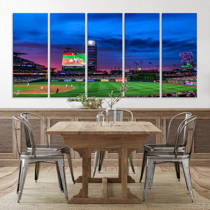 The living room showcases a large triptych of the Philadelphia Phillies Baseball Team Print - Philadelphia Citizens Bank Park Stadium on the wall, featuring premium canvas handmade wall art that adds an elegant touch.