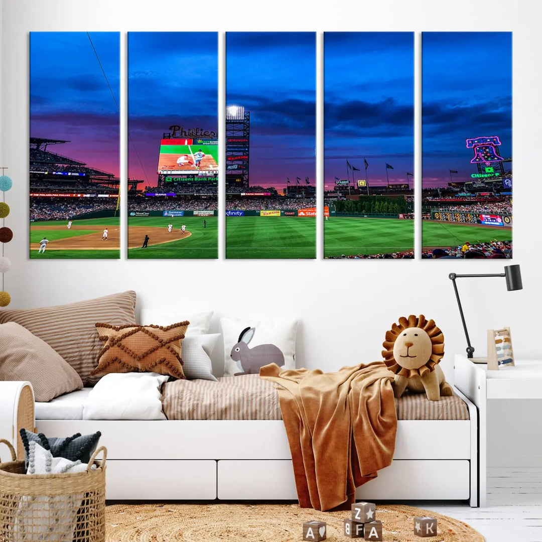 The living room showcases a large triptych of the Philadelphia Phillies Baseball Team Print - Philadelphia Citizens Bank Park Stadium on the wall, featuring premium canvas handmade wall art that adds an elegant touch.