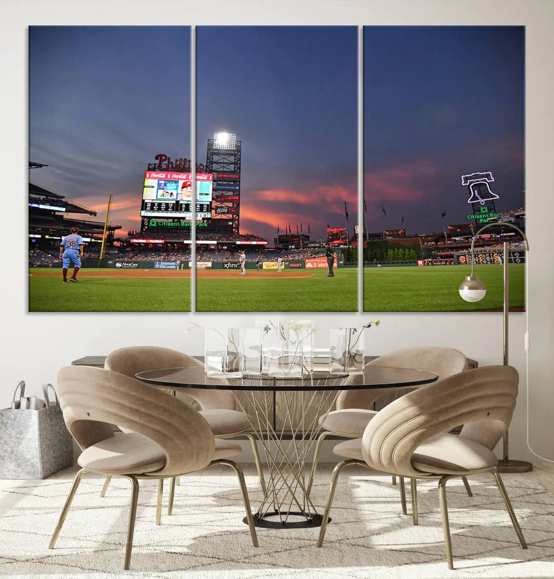 The Philadelphia Phillies Baseball Team Print, featuring the Citizens Bank Park Stadium at sunset, adorns the wall. Its gallery-quality canvas finish brings a touch of elegance to the space.