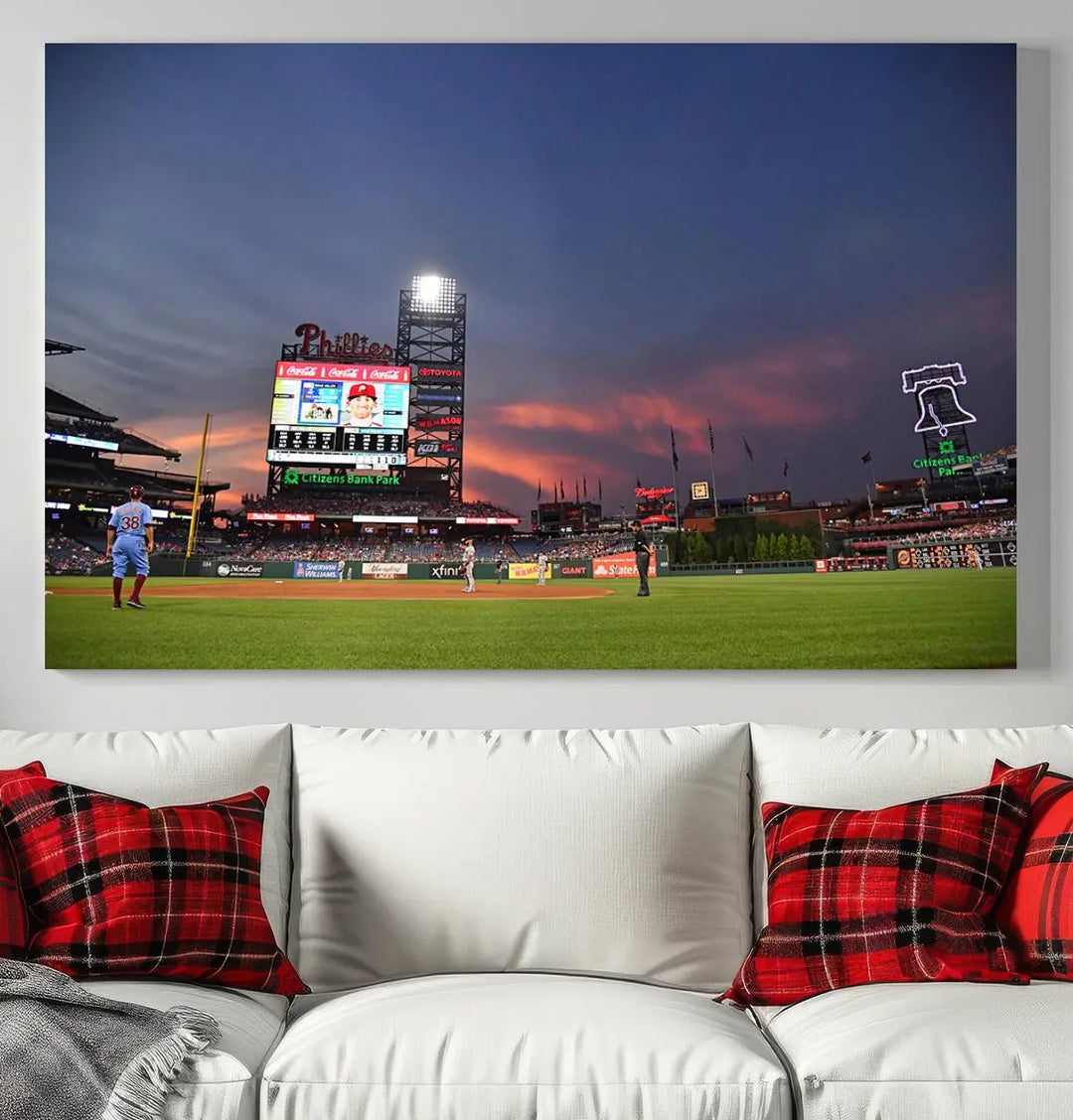 The Philadelphia Phillies Baseball Team Print, featuring the Citizens Bank Park Stadium at sunset, adorns the wall. Its gallery-quality canvas finish brings a touch of elegance to the space.