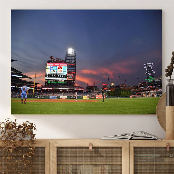 The Philadelphia Phillies Baseball Team Print, featuring the Citizens Bank Park Stadium at sunset, adorns the wall. Its gallery-quality canvas finish brings a touch of elegance to the space.