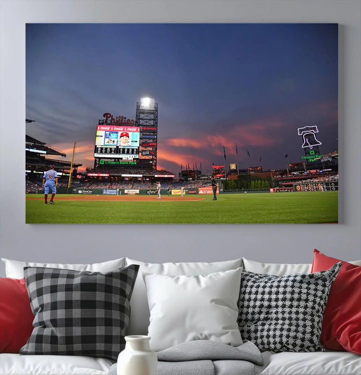 The Philadelphia Phillies Baseball Team Print, featuring the Citizens Bank Park Stadium at sunset, adorns the wall. Its gallery-quality canvas finish brings a touch of elegance to the space.