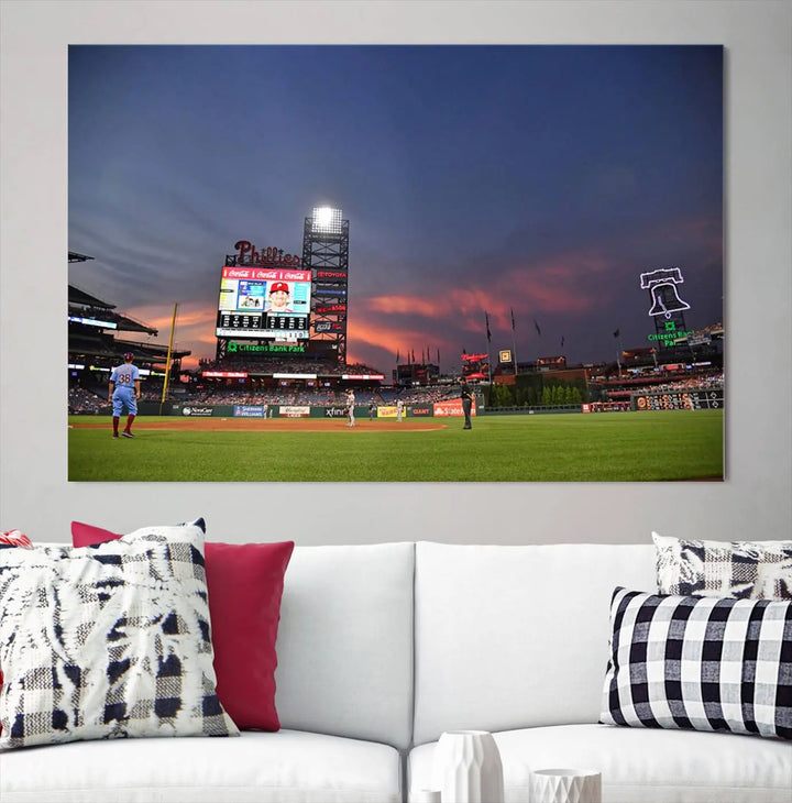 The Philadelphia Phillies Baseball Team Print, featuring the Citizens Bank Park Stadium at sunset, adorns the wall. Its gallery-quality canvas finish brings a touch of elegance to the space.