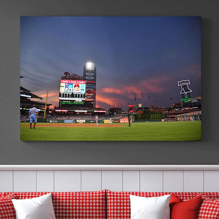 The Philadelphia Phillies Baseball Team Print, featuring the Citizens Bank Park Stadium at sunset, adorns the wall. Its gallery-quality canvas finish brings a touch of elegance to the space.