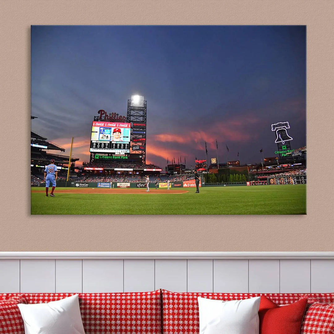 The Philadelphia Phillies Baseball Team Print, featuring the Citizens Bank Park Stadium at sunset, adorns the wall. Its gallery-quality canvas finish brings a touch of elegance to the space.