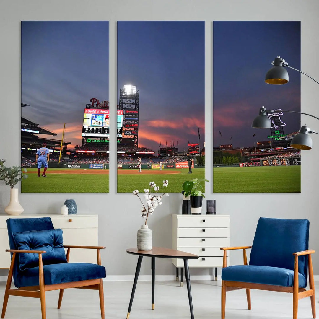 The Philadelphia Phillies Baseball Team Print, featuring the Citizens Bank Park Stadium at sunset, adorns the wall. Its gallery-quality canvas finish brings a touch of elegance to the space.