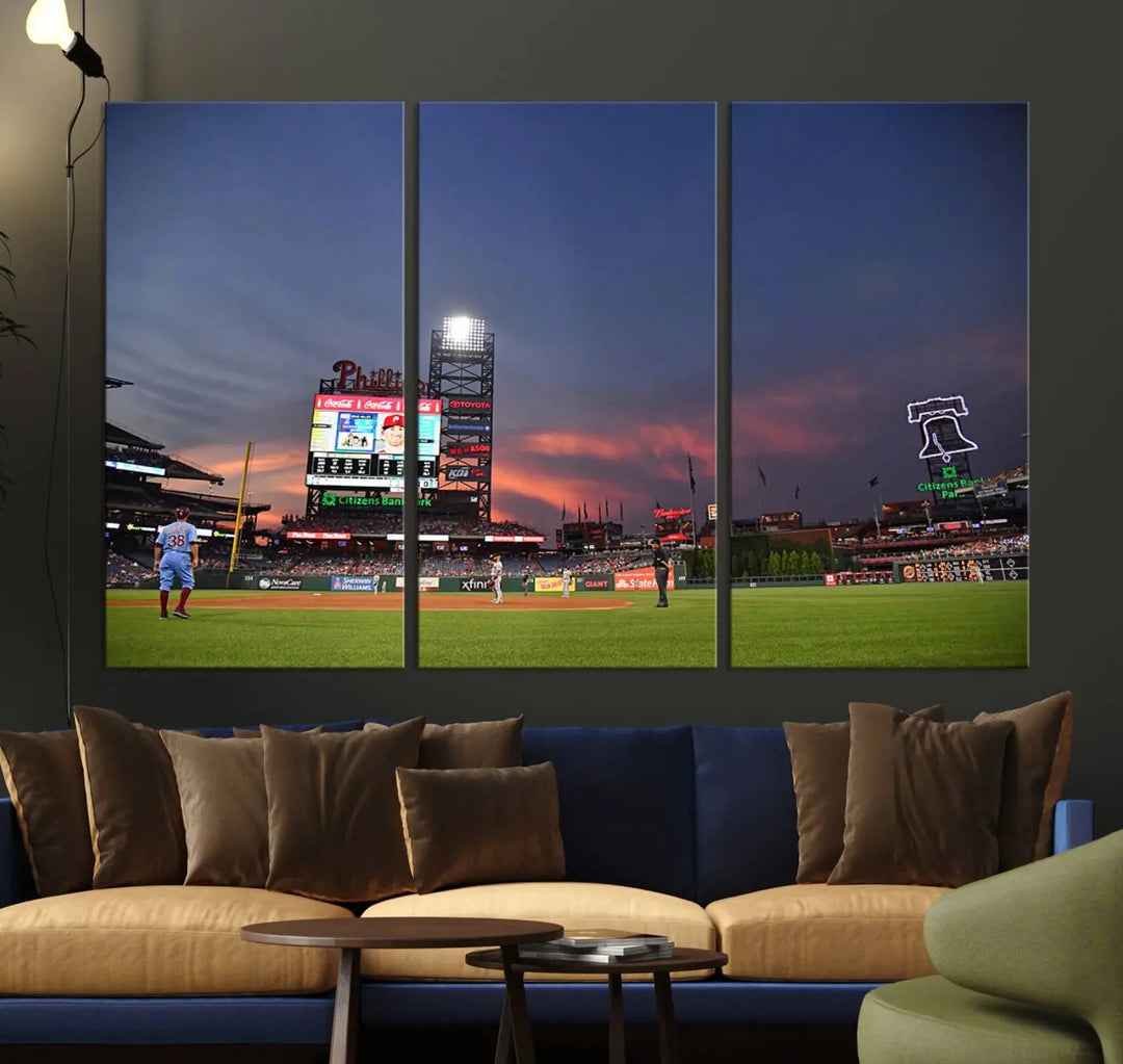 The Philadelphia Phillies Baseball Team Print, featuring the Citizens Bank Park Stadium at sunset, adorns the wall. Its gallery-quality canvas finish brings a touch of elegance to the space.