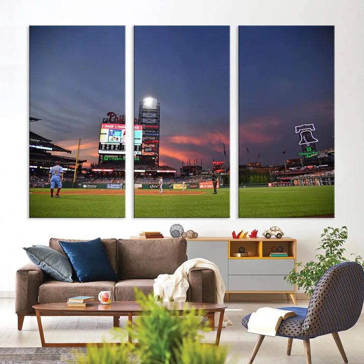 The Philadelphia Phillies Baseball Team Print, featuring the Citizens Bank Park Stadium at sunset, adorns the wall. Its gallery-quality canvas finish brings a touch of elegance to the space.