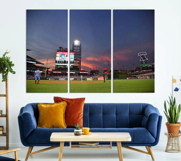 The Philadelphia Phillies Baseball Team Print, featuring the Citizens Bank Park Stadium at sunset, adorns the wall. Its gallery-quality canvas finish brings a touch of elegance to the space.