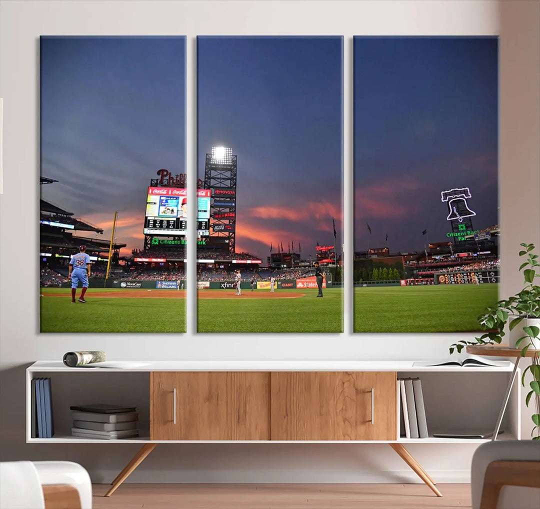 The Philadelphia Phillies Baseball Team Print, featuring the Citizens Bank Park Stadium at sunset, adorns the wall. Its gallery-quality canvas finish brings a touch of elegance to the space.