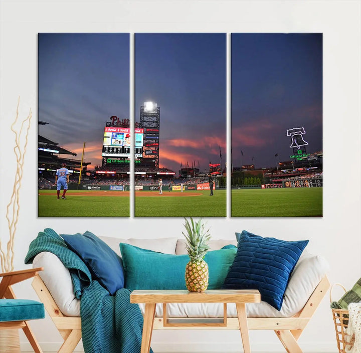 The Philadelphia Phillies Baseball Team Print, featuring the Citizens Bank Park Stadium at sunset, adorns the wall. Its gallery-quality canvas finish brings a touch of elegance to the space.