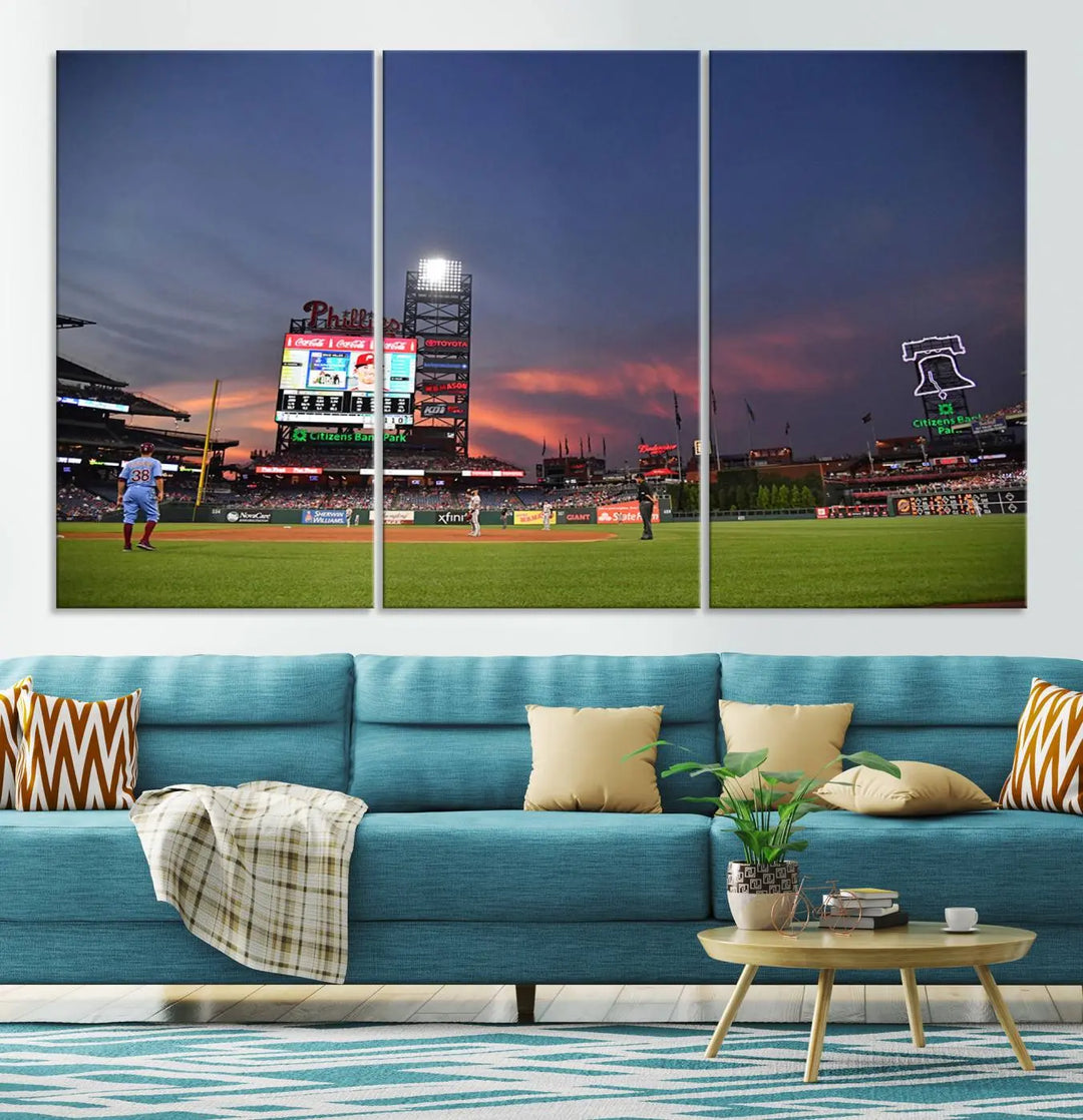 The Philadelphia Phillies Baseball Team Print, featuring the Citizens Bank Park Stadium at sunset, adorns the wall. Its gallery-quality canvas finish brings a touch of elegance to the space.